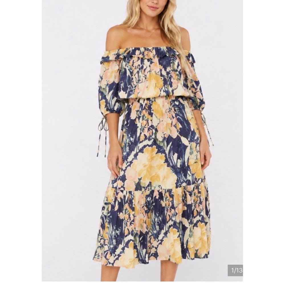 Free People Floral Off Shoulder Ruffle Top and Tiered Midi Skirt Set Navy XS